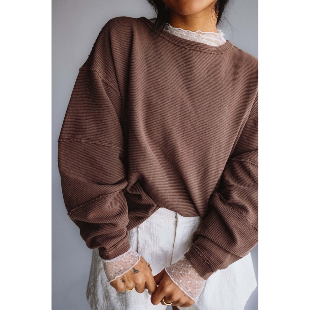 We The Free Brown Ribbed Crew Neck Long Sleeve Oversized Sweatshirt Extra Small